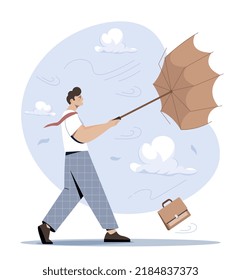 Business difficulty concept. Man with umbrella and suitcase swept away by strong storm. Financial crisis in economics. Unsuccessful businessman or entrepreneur. Cartoon flat vector illustration