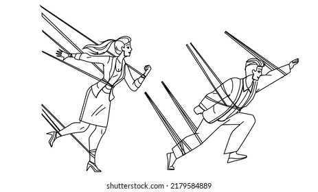 Business Difficulty Man And Woman Managers Vector. Businessman And Businesswoman With Tied Hands And Legs Feeling Business Difficulty In Occupation. Characters black line illustration