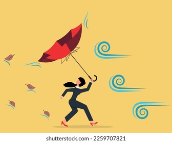 Business difficulty or obstacle in economic crisis, depressed and anxiety concept. frustrated businesswoman holding broken umbrella in strong wind storm.