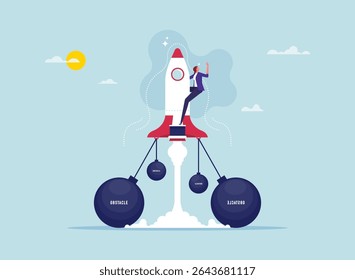 Business difficulty or overcoming business problems concept, fighting career obstacles or progress, businesswoman on rocket while there are obstacles in her way