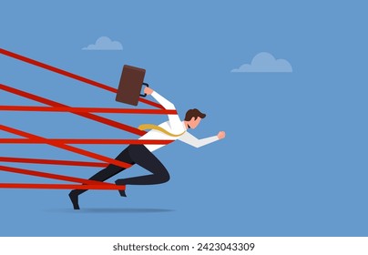 Business difficulty or struggle with career obstacle, businessman tied up with red tape trying to run away with full effort, limitation or challenge to overcome for being success