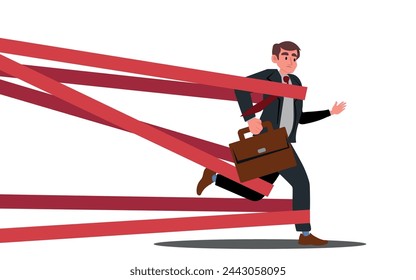 Business difficulty or struggle with career obstacle, limitation and trap or challenge to overcome to success concept, businessman tied up with red tape trying to run away with full effort.