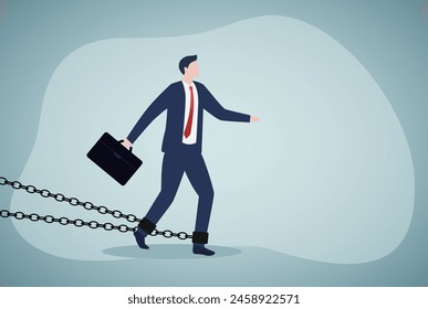 Business difficulty or struggle with career obstacle, limitation and trap or challenge to overcome to success concept, businessman locked by chains trying to run away with full effort.