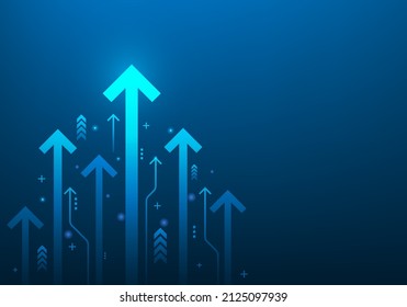 business digital arrows up to goal on blue dark background.  rate of return investment chart vision for financial. growth business concept. copy space for text. Vector illustation abstract futuristic.