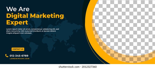 Business digital marketing banner template design. Editable modern banner with yellow frame and world illustration.