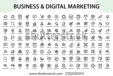 Business and Digital marketing icons. analytics symbols, e-commerce elements, cloud tools, and growth-focused digital interface signs