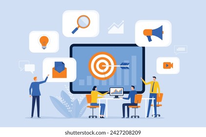 business digital Marketing team working meeting analytics for strategies planning concept. flat illustration design content online creator research idea concept