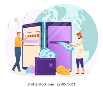 Business digital mobile payment by phone, vector illustration, flat tiny man woman character make finance transaction at smartphone technology.