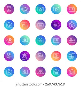 Business, digital, productivity. Vector set of 25 round gradient icons featuring remote work, finance, technology, communication, and online services for apps, UI, and presentations.