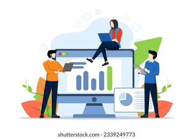 Business digital success, team of people working with growth and successful business with desktop computers and increasing charts. growth chart. profit company. flat design vector illustration.