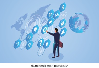 Business digital technology concept illustration, businessman standing in virtual digital space and touching spatial data, global business