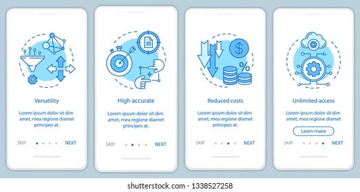 Business digital tools onboarding mobile app page screen with linear concepts. Strategic advantages walkthrough steps graphic instructions. UX, UI, GUI vector template with illustrations