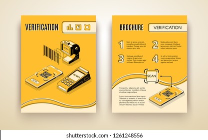 Business digital verification payment services company advertising brochure isometric vector template with barcode reader, credit card scanner and QR code on mobile phone screen line art illustration