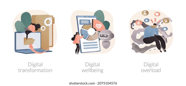 Business Digitalization Abstract Concept Vector Illustration Set. Digital Transformation, Office Wellbeing, Digital Overload, Paperless Workflow, Social Media Time Tracking App Abstract Metaphor.