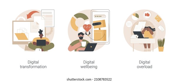 Business Digitalization Abstract Concept Vector Illustration Set. Digital Transformation, Office Wellbeing, Digital Overload, Paperless Workflow, Social Media Time Tracking App Abstract Metaphor.