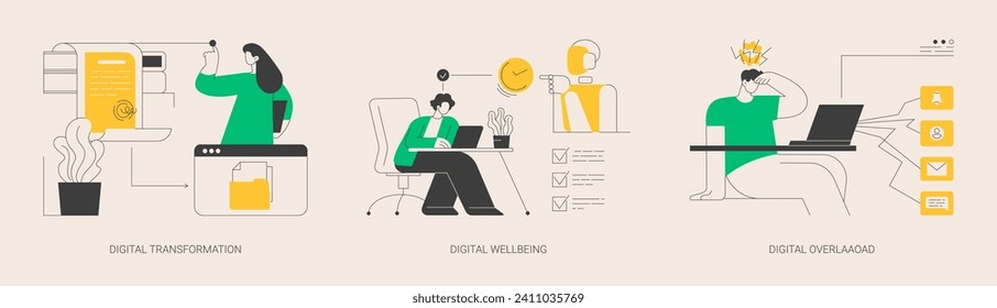 Business digitalization abstract concept vector illustration set. Digital transformation, office wellbeing, digital overload, paperless workflow, social media time tracking app abstract metaphor.