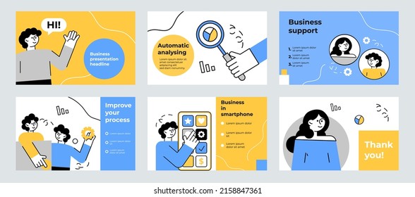 Business digitalization presentation and slide layout background. Business scene with outline character. Automatic analysing, support, improve your process, business in smartphone. Vector illustration