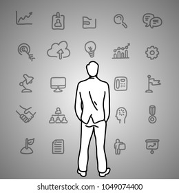 Business dilemma. Businessman looking at the gray business icons on the wall vector illustration doodle sketch hand drawn with black lines isolated on gray background. Business concept. 