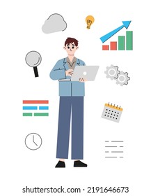 Business Dilemma. Businessman Looking At The Rotating Business Icons. Concept Business. Flat Vector Illustration Isolated On White Background