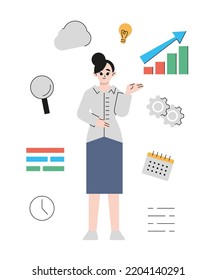 Business Dilemma. Business Woman Looking At The Rotating Business Icons. Concept Business. Flat Vector Illustration Isolated On White Background