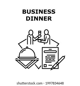 Concepto de icono de vectores para cenas de negocios. Discutir Los Términos Del Contrato Y Firmar El Acuerdo Sobre La Cena De Negocios Formal En El Restaurante. Empresario Celebra El Trato Con La Ilustración De Los Socios Negros