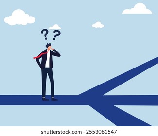 Business direction. Businessman decides many paths to walk. confused businessman thinking make decision on multiple route ahead.