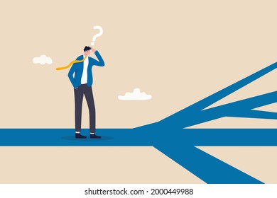 Business direction, choosing options or multiple path, make decision for career path or business growth, paradox of choice concept, confused businessman thinking make decision on multiple route ahead.