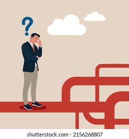 Business direction, choosing options or multiple path, make decision for career path or business growth, paradox of choice concept, confused businessman thinking make decision on multiple route ahead.