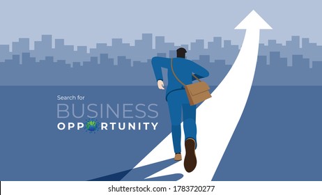 Business direction concept. Businessman run on the arrow way up. Search for business opportunity after pandemic of COVID-19 coronavirus. Vector illustration flat style concept and idea.