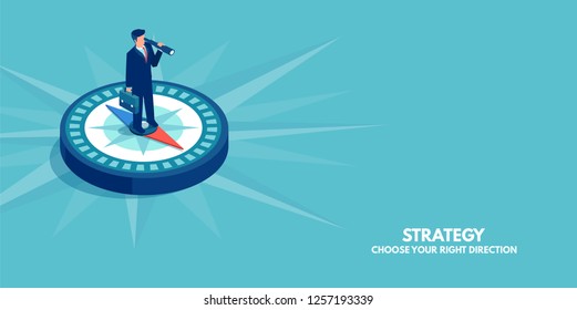 Business direction concept. Vector of a businessman standing on compass showing direction. Symbol of strategy, future vision. 