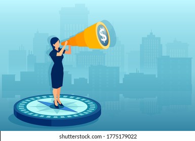 Business direction concept. Vector of a businesswoman standing on a compass looking into a financial future