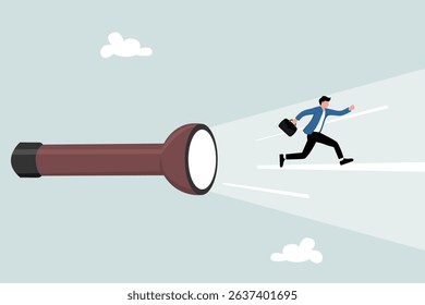 Business direction guidance, career path or solution to reach goal, mentorship, help and manager support, find the way concept, confidence businessman running forward on torch flashlight light beam.