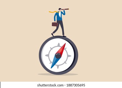 Business Direction With Leadership Visionary, Business Goal And Achievement Or Looking For Solution And Discovery Concept, Smart Businessman Leader Using Telescope Look For The Way Forward Strategy.