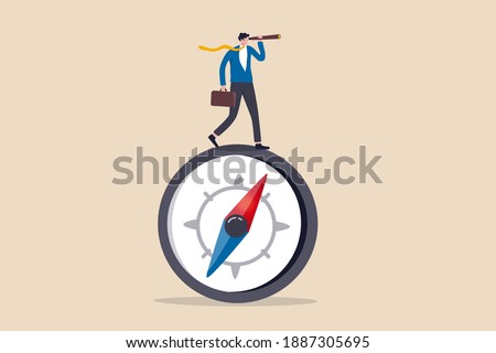 Business direction with leadership visionary, business goal and achievement or looking for solution and discovery concept, smart businessman leader using telescope look for the way forward strategy.