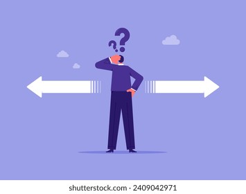 Business direction, make decision for career path or business growth, choice concept, confused businessman with two arrows pointing in different directions