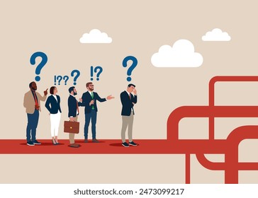 Business direction, multiple path, make decision for career path or business growth.  Business people thinking make decision on multiple route ahead. Flat vector illustration