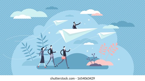 Business direction paper plane concept, flat tiny businessman persons vector illustration. Corporate team vision and leadership by direction setting. Success path navigation and company growth motion.