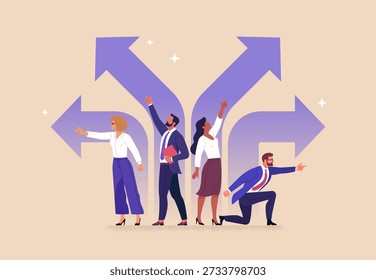 Business Direction. Vector illustration of diverse professionals choosing different paths and pointing forward. Concept of decision making, strategy, leadership, career choice and future growth.
