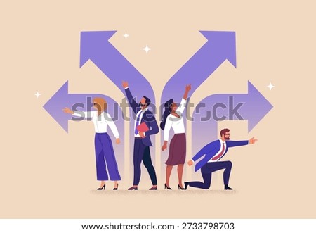 Business Direction. Vector illustration of diverse professionals choosing different paths and pointing forward. Concept of decision making, strategy, leadership, career choice and future growth.
