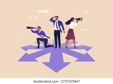 Business Direction. Vector illustration of business team standing at crossroads and looking in different directions. Concept of decision making, strategy, leadership, teamwork, vision and future growth.
