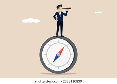Business direction with visionary leadership, business achievement or looking for solution direction, smart entrepreneur leader using telescope looking for way forward strategy direction on compass.