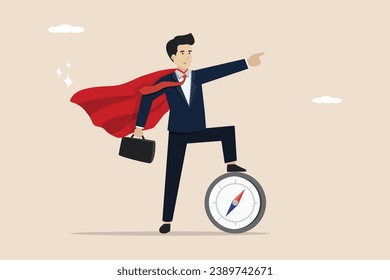 Business direction with visionary leadership, looking for solutions, superhero entrepreneurial leader looking for future strategic direction on the compass.