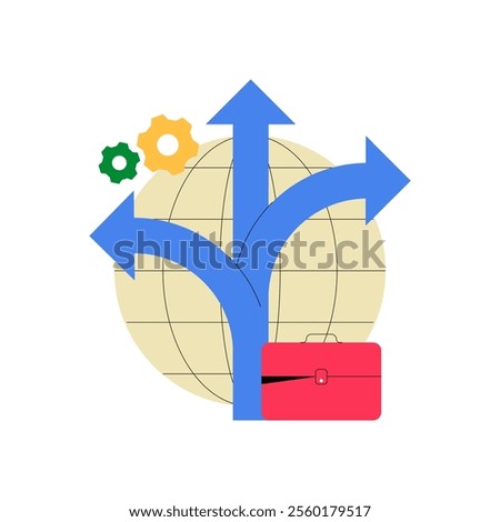 Business Directions With Briefcase And Gears In Flat Vector Illustration Symbolizing Career Choices, Decision Making, And Growth, Isolated On White Background.