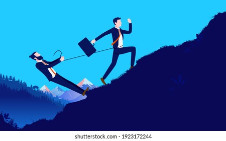 Business disagreement - Businessman holding back colleague with tight rope, restraining him from doing work. Disagreement and conflict concept. Vector illustration.