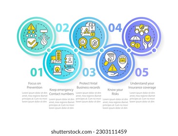 Business disaster planning circle infographic template. Data visualization with 5 steps. Editable timeline info chart. Workflow layout with line icons. Myriad Pro-Bold, Regular font used