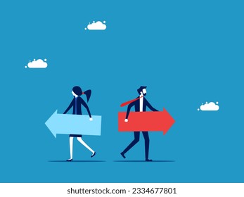 Business discord. Businessman holding an arrow pointing in different directions 