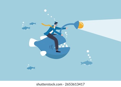 Business discovery, spotlight to guide success direction to find new opportunity, deep dive analysis or leadership challenge way, businessman riding angler fish with spotlight to search for success.
