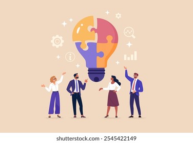 Business Discussion Concept. Contemporary flat style vector illustration of diverse people in business suits discussing an idea in the form of light bulb made of puzzle pieces. 