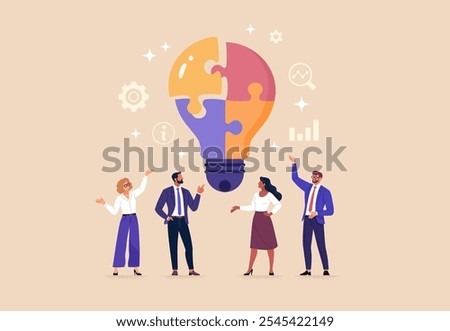 Business Discussion Concept. Contemporary flat style vector illustration of diverse people in business suits discussing an idea in the form of light bulb made of puzzle pieces. 