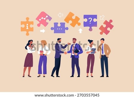 Business Discussion concept. Contemporary flat style abstract vector illustration of a group of diverse people standing and talking to each other with puzzle pieces above their heads.